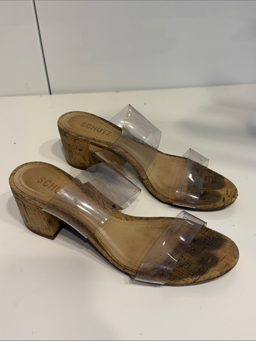 SCHUTZ Clear PVC Double-Strap Cork Block Heel Mules 7B